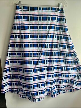 SUNO Navy and Light Pink Plaid A-Line Skirt